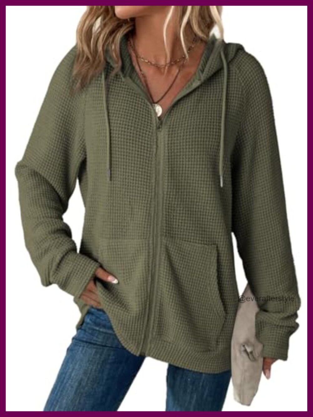 Waffle Knit Full Zip Hoodie Long Sleeve Sweatshirt with Pockets